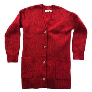 Loft Womens Cardigan Sweater Medium Red Button-Up Knitwear V-Neck Holiday Cozy